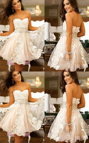 A-line Sleeveless Lace Tulle Sweetheart Open Back Zipper Short Mini Homecoming Dress