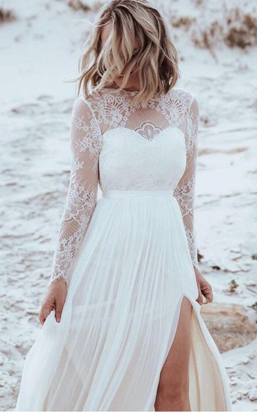 Simple A Line Bateau Tulle Lace Floor-length Long Sleeve Wedding Dress with Split Front and Pleats