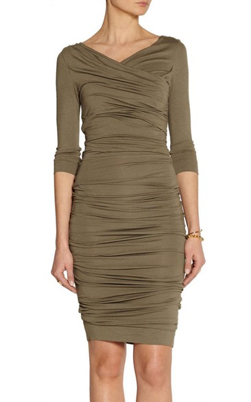 V Neck V Back 3-4 Sleeve Sheath Jersey Short Dress With Ruching