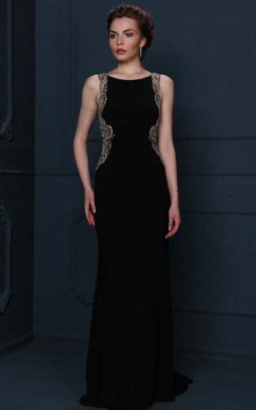 Beaded Sleeveless Scoop Neck Chiffon Evening Dress With Brush Train