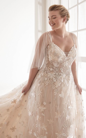 Luxury Sexy V-neck Plus Size Lace Chapel TrainWedding Dress With Illusion Tulle Sleeves