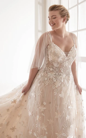 Luxury Sexy V-neck Plus Size Lace Chapel TrainWedding Dress With Illusion Tulle Sleeves