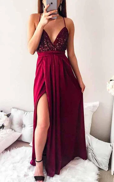 Chiffon Floor-length A Line Sleeveless Casual Prom Dress with Sequins