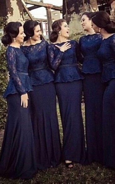 sheath Bateau Long Sleeves Sweep Train Lace Chiffon Bridesmaid Dresses