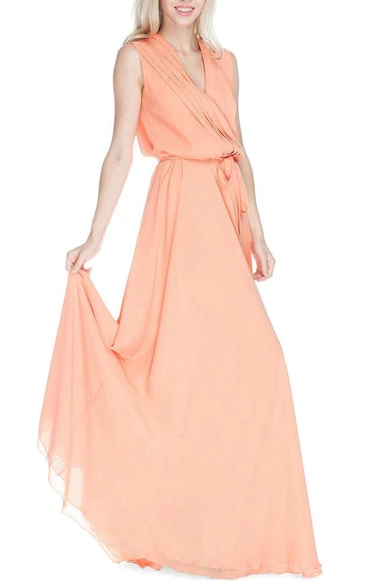 V Neck Pleated A-line Chiffon Floor Length Dress With Sash