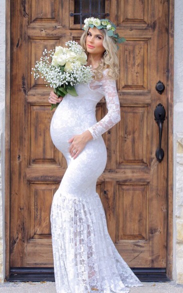 Lace Mermaid Illusion Long Sleeve Scoop Maternity Wedding Dress