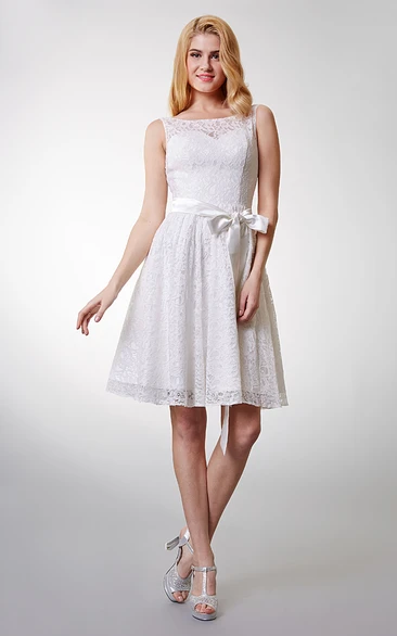 Lovely Sleeveless Short Lace Dress With Bow Sash