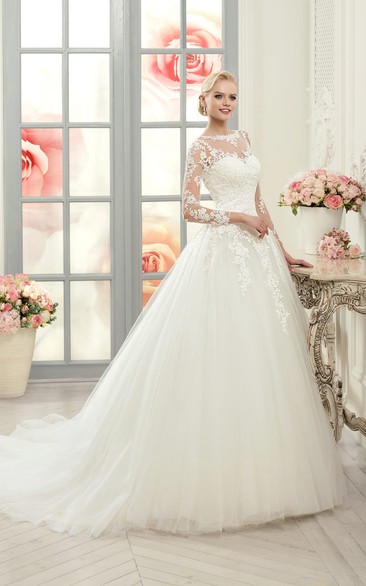 Ball Gown Floor-Length Bateau Long-Sleeve Illusion Tulle Lace Dress With Appliques