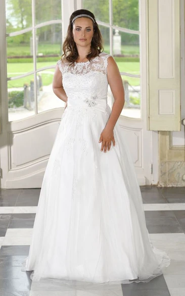 A-Line Floor-Length Bateau Neck Sleeveless Satin Tulle Appliques Dress