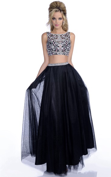 A-Line Tulle Crop Top Bateau Neck Sleeveless Prom Dress With Jeweled Bodice