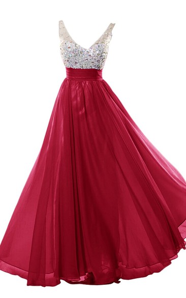 V-neckline Beading Ball Gown With Ruching Belt