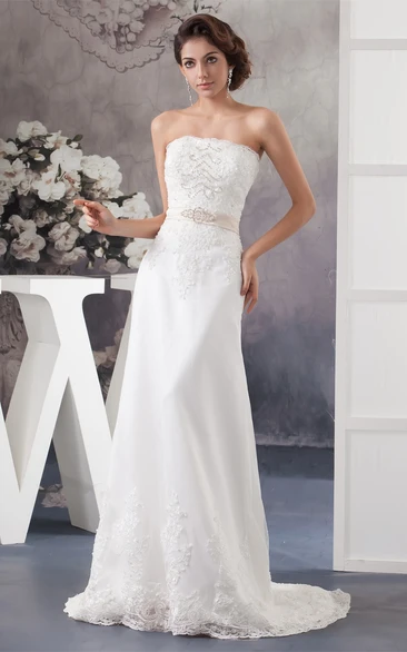 Strapless Beaded A-Line Sweep Train and Dress With Lace