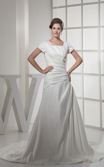 Square-Neck A-Line Caped-Sleeve Bow and Gown With Ruching