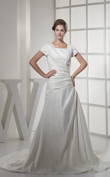 Square-Neck A-Line Caped-Sleeve Bow and Gown With Ruching