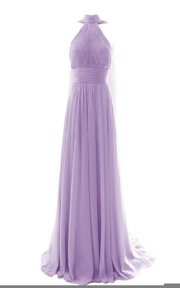 High-neck Long Chiffon Dress With Pleats