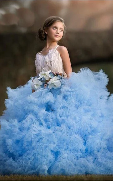 Tulle Spaghetti Cross Back Sash Bow Ball Gown Flower Girl Dress