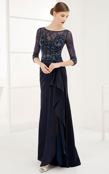 Sheath Floor-Length Beaded Half-Sleeve Scoop-Neck Chiffon Prom Dress With Draping