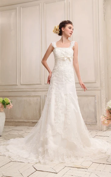 Square Neckline Straps Dress With Appliques and Bowed Sash