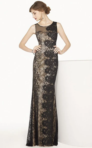 Scoop Neck Sleeveless Sheath Lace Long Prom Dress Illusion Style