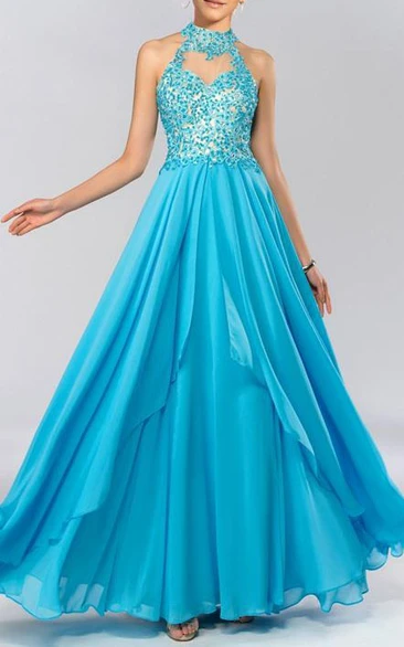 High Neck Appliques Beading Backless Long Prom Dress