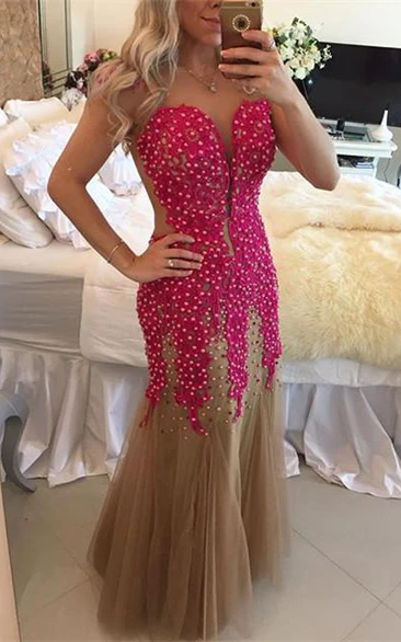 Glamorous V-neck Mermaid Tulle Fuchsia Prom Dress Pearls Cap Sleeve