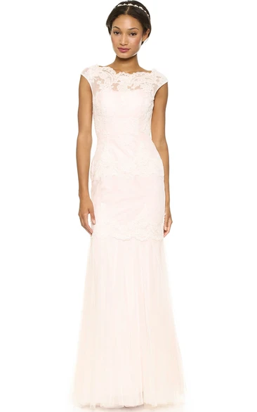 Long Bateau Sheath Lace Dress With Keyhole