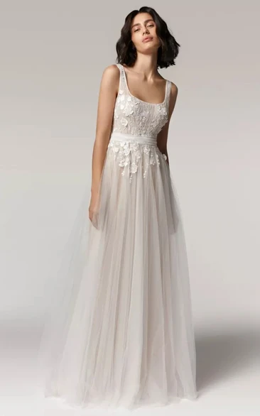 Elegant A Line Scoop Neckline Tulle Open back Wedding Dress with Appliques