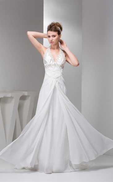 Plunged Chiffon Floor-Length Ruched Halter and Dress With Beading