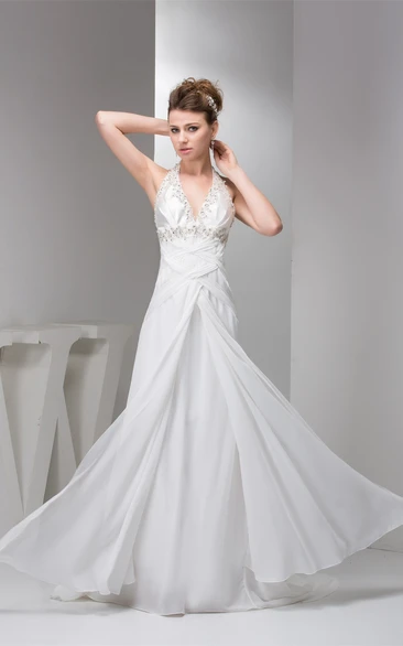 Plunged Chiffon Floor-Length Ruched Halter and Dress With Beading