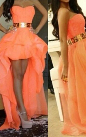 Sexy A-line Long Prom Dresses Sweetheart Asymmetrical Gold Belt Girls Hi-lo Evening Gown