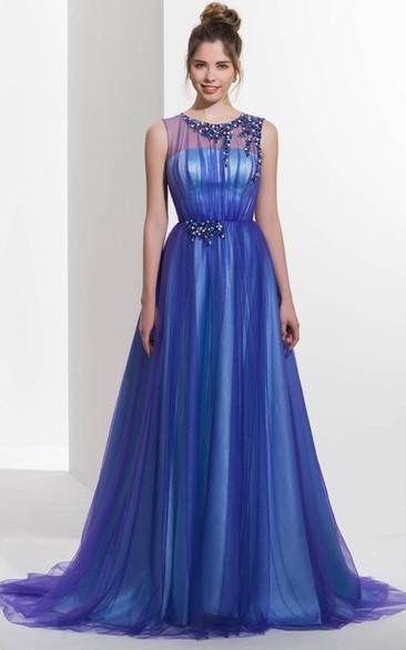 A-Line Jewel Neck Beading Pleats Court Train Prom Dress