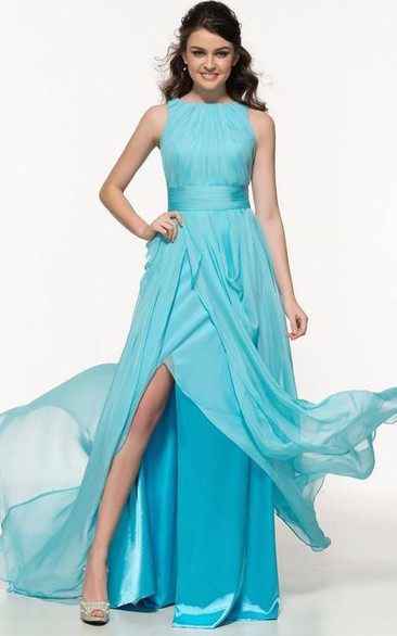 A-Line Bateau Pleats Split-Front Prom Dress