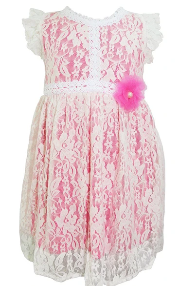 Short-sleeved A-line Lace Dress With Flower