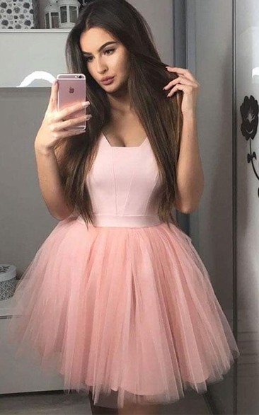 Satin Tulle Short A Line Sleeveless Simple Adorable Homecoming Dress