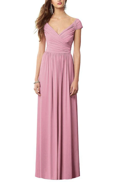 Cap Sleeve V-neck Ruched Long Chiffon Dress