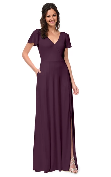 Chiffon Short-Sleeved A-Line Delicate V-Neck Gown