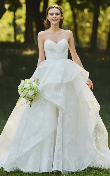 Sweetheart Cascading Ruffles Sleeveless Open Back Lace Bridal Ball Gown