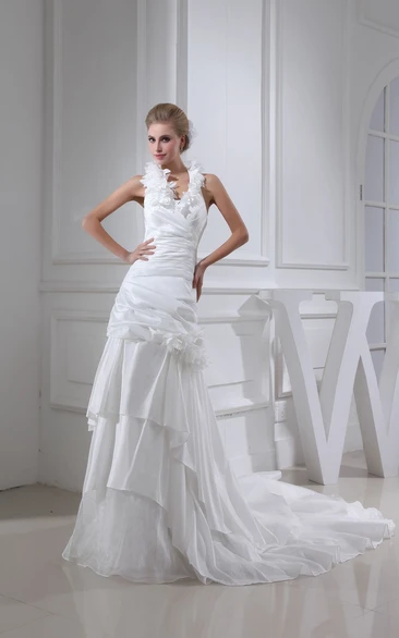 Alluring Sleeveless Pick-Up Dress With Flower and Chapel Train