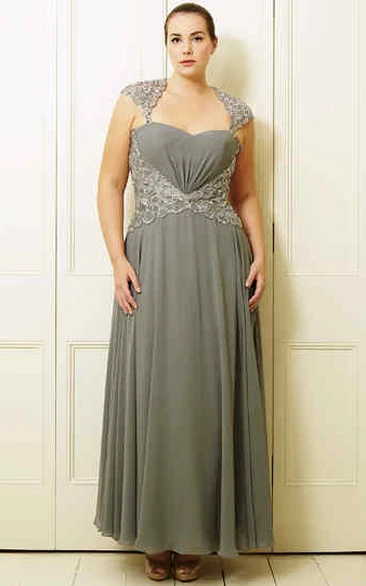 A-Line Sleeveless Beaded Ankle-Length Queen-Anne Chiffon Plus Size Prom Dress