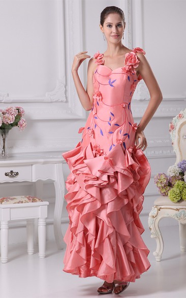 Sleeveless Ankle-Length Embroidered Dress With Cascading Ruffles