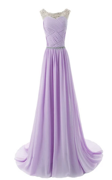 Bateau Neck Crystal-beaded Chiffon A-line Gown With Train