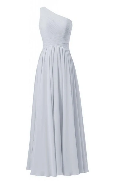 One-shoulder Long Chiffon Dress With Crisscross Ruching