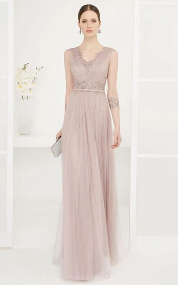 Sheath Sleeveless Beaded Floor-Length V-Neck Tulle Prom Dress