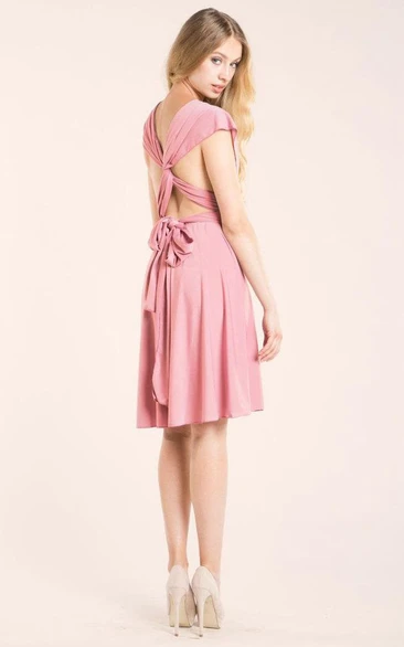 V Neck Cap Sleeve A-line Knee Length Jersey Dress With Criss-cross Back