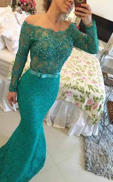 Modern Long Sleeve Lace Mermaid Prom Dress Pearls Off-the-shoulder