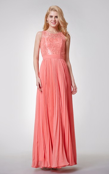 Sleeveless A-line Long Pleated Chiffon Dress With Key-hole