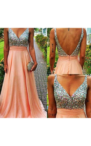 Glamorous V-neck Sleeveless Chiffon Prom Dress With Crystals