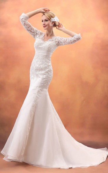 3-4 Sleeved Trumpet Gown With Lace Illusion Bodice