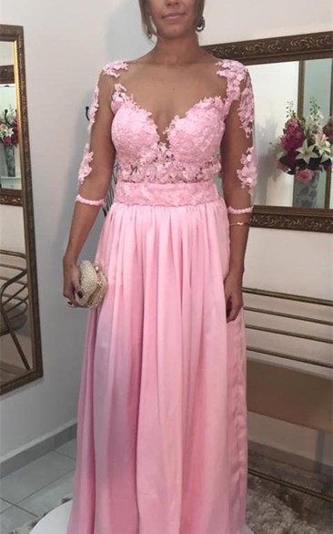 Timeless Lace Appliques Pink Evening Dress 3-4-Length Sleeve A-line