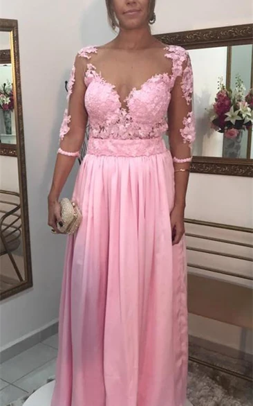 Timeless Lace Appliques Pink Evening Dress 3-4-Length Sleeve A-line